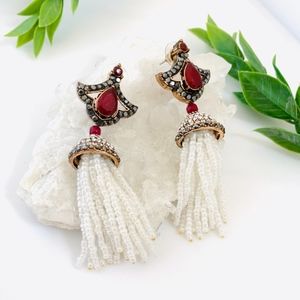 nwot Red Chunky TASSEL EARRINGS faux pearl beads new